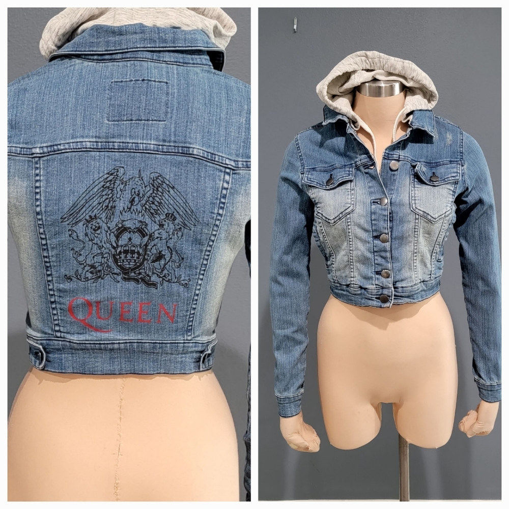 QUEEN Official Merchandise Cropped Stretch Denim Hooded Jacket XS